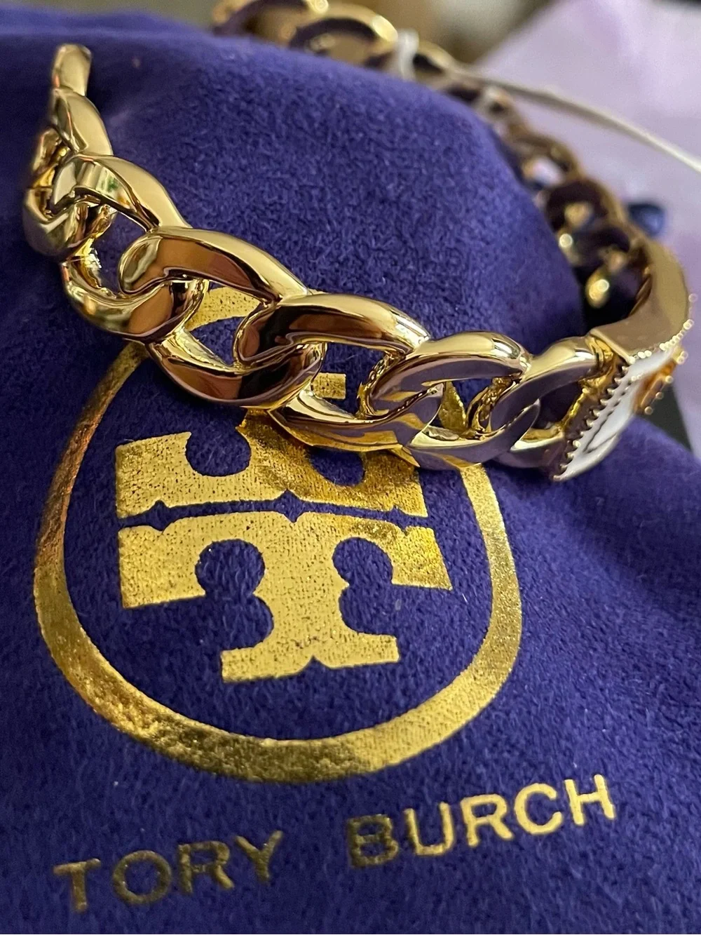 Tory Burch Gold and White Enamel Logo Bracelet